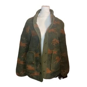 Very J Women Horse Print Sherpa Fleece Jacket S Olive Western Cowgirl Equestrian